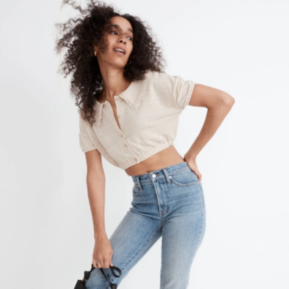 Madewell Woman's Size XXS Wet Sand Ruffle Collared Crop Top